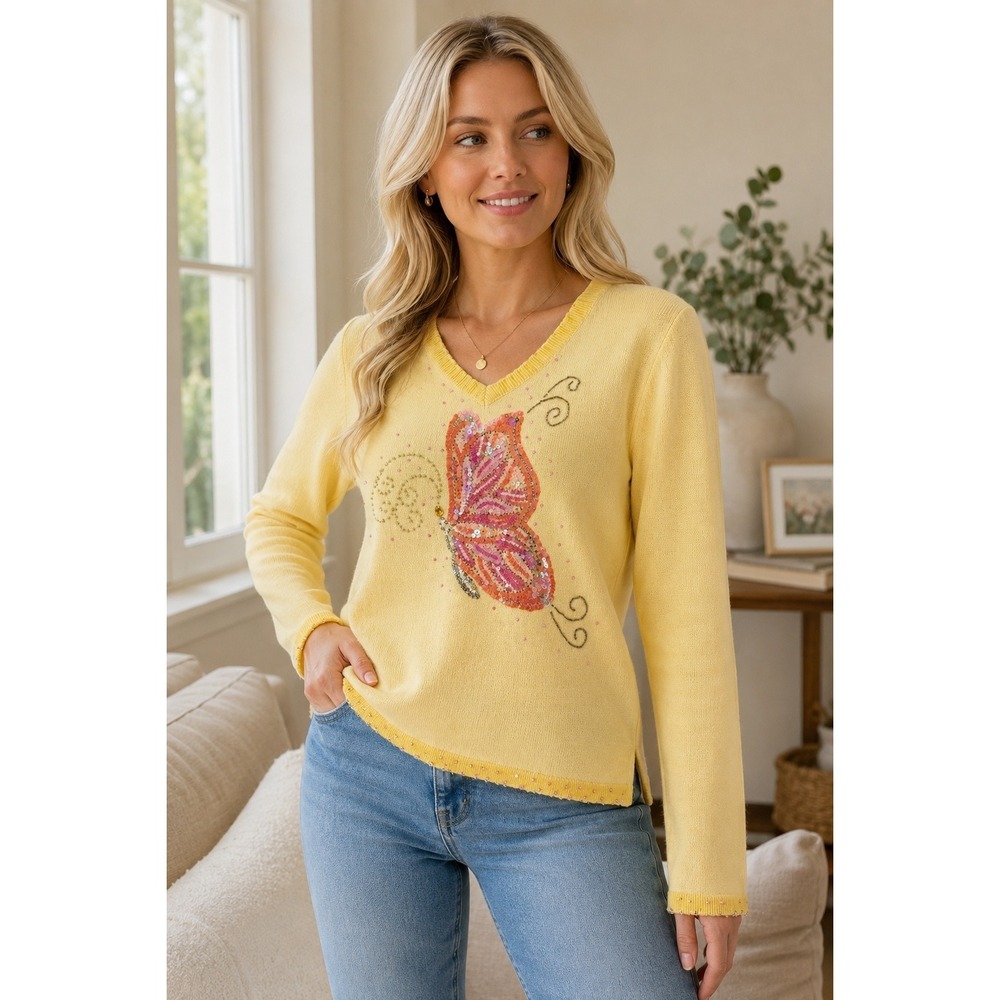 Quacker Factory Sweater Women XS Yellow Butterfly Sequin V-Neck A59442 Knit Top
